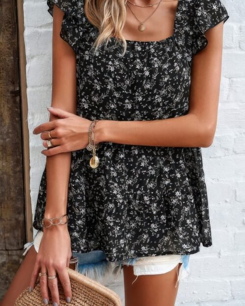 floral print square neck ruffle sleeve tiered blouse