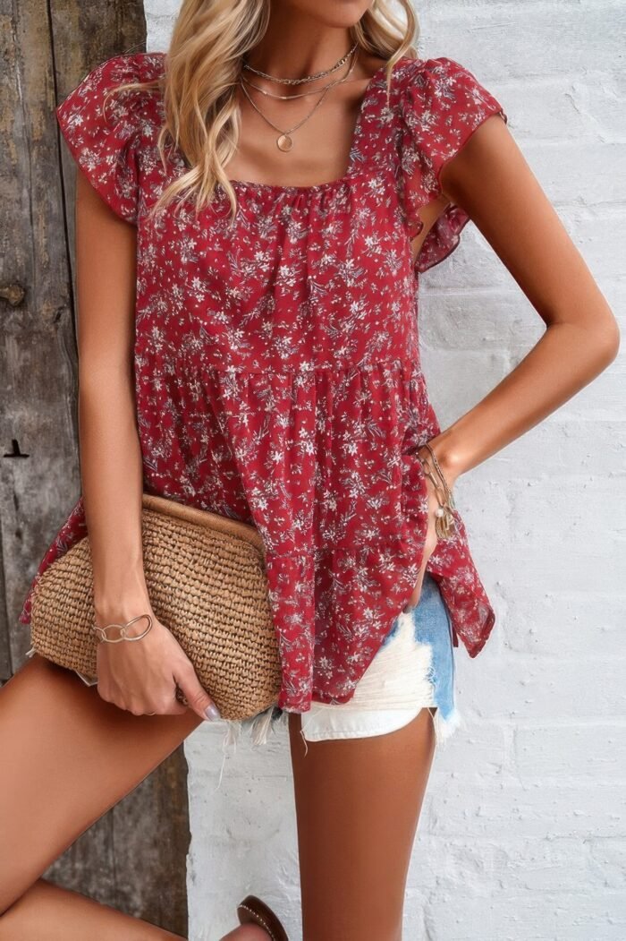 Floral print square neck ruffle sleeve tiered blouse