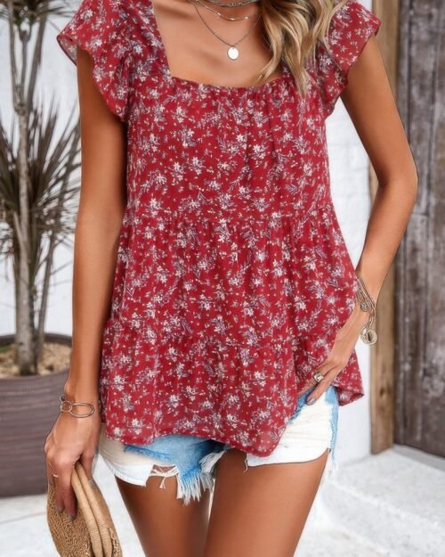 floral print square neck ruffle sleeve tiered blouse