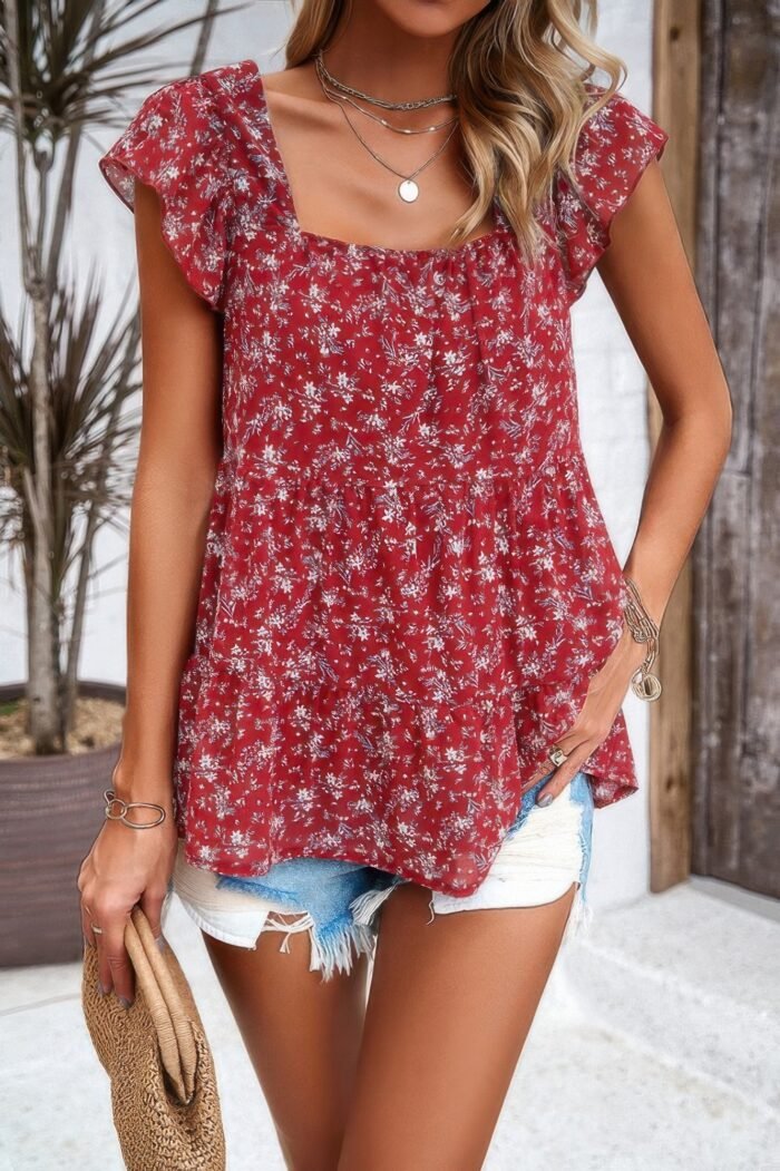 Floral print square neck ruffle sleeve tiered blouse