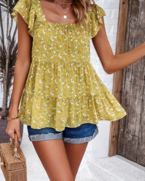 floral print square neck ruffle sleeve tiered blouse