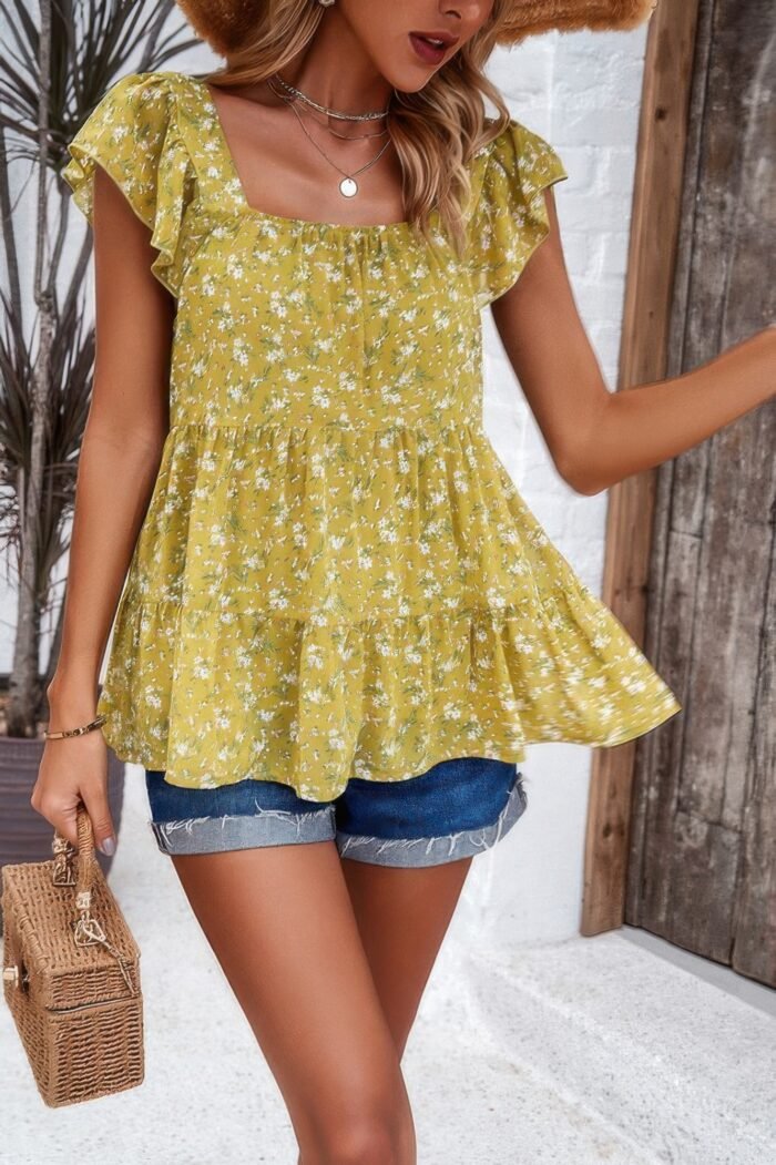 Floral print square neck ruffle sleeve tiered blouse
