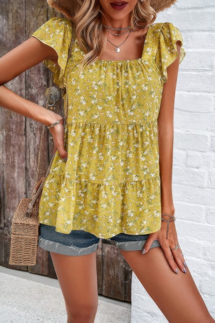 Floral print square neck ruffle sleeve tiered blouse