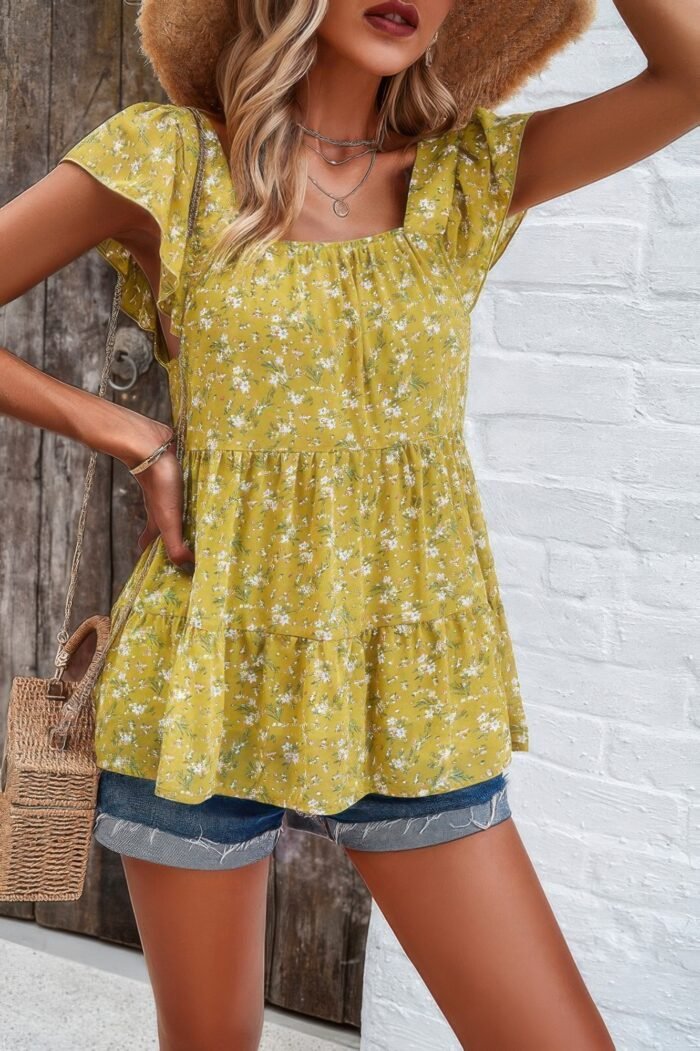 Floral print square neck ruffle sleeve tiered blouse