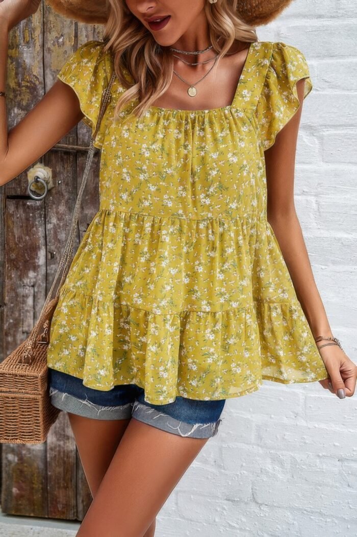 Floral print square neck ruffle sleeve tiered blouse