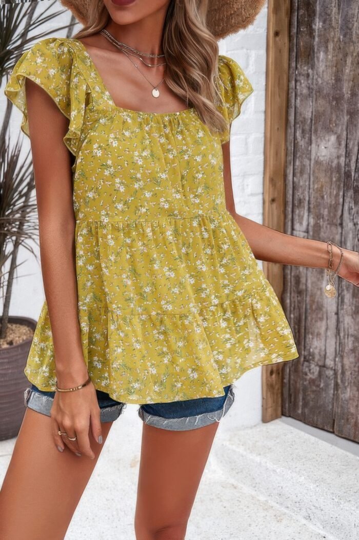 Floral print square neck ruffle sleeve tiered blouse