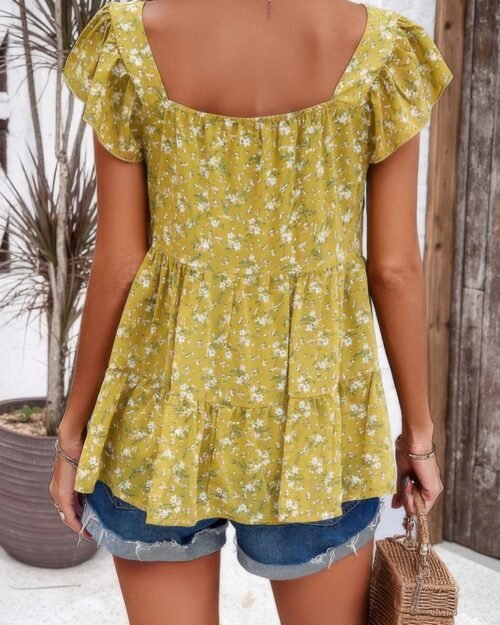 floral print square neck ruffle sleeve tiered blouse