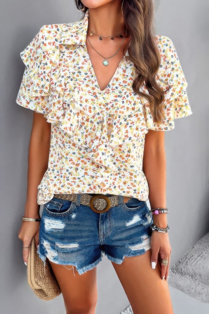 Floral printed ruffle sleeve v neck loose blouse