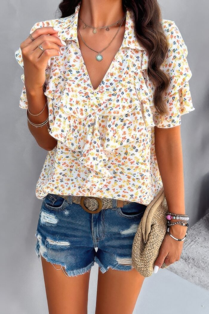 Floral printed ruffle sleeve v neck loose blouse