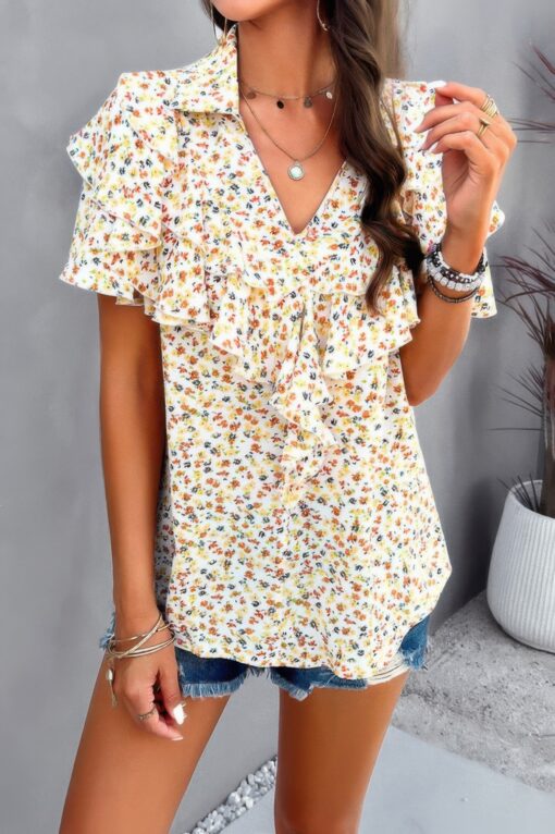 Floral Printed Ruffle Sleeve V Neck Loose Blouse - Image 4