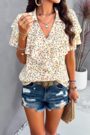 Floral Printed Ruffle Sleeve V Neck Loose Blouse Floral Printed Ruffle Sleeve V Neck Loose Blouse