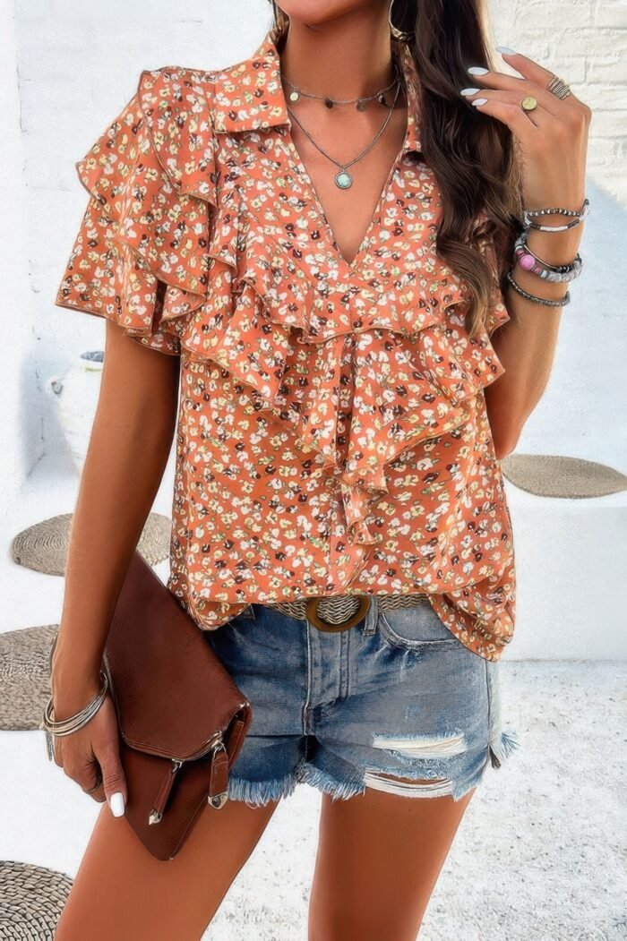 Floral printed ruffle sleeve v neck loose blouse
