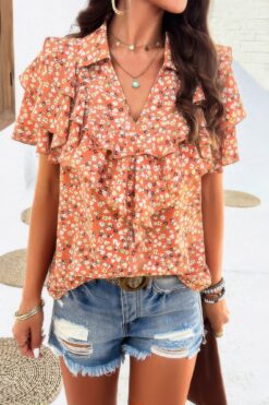 Floral Printed Ruffle Sleeve V Neck Loose Blouse