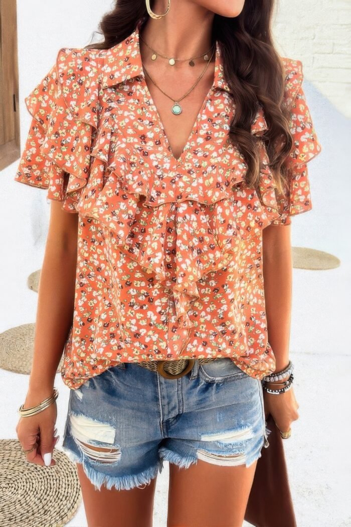 Floral printed ruffle sleeve v neck loose blouse