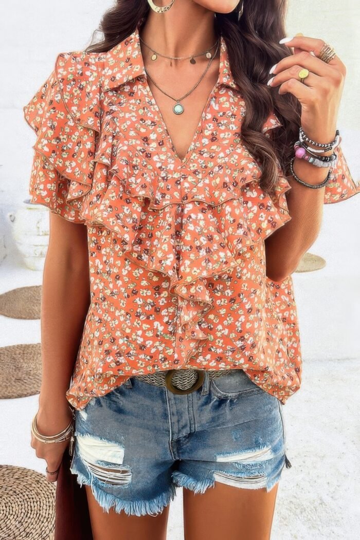 Floral printed ruffle sleeve v neck loose blouse