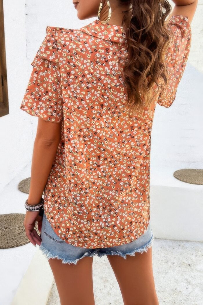 Floral printed ruffle sleeve v neck loose blouse