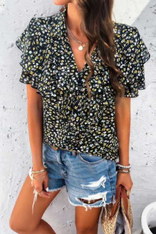 Floral Printed Ruffle Sleeve V Neck Loose Blouse - Image 12