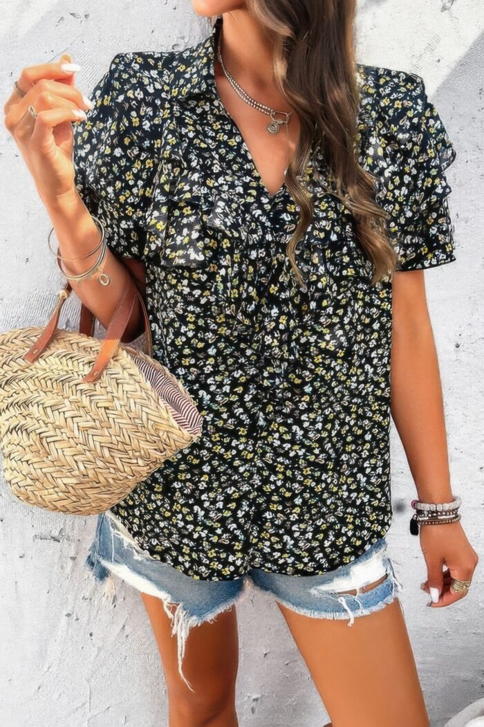 Floral printed ruffle sleeve v neck loose blouse