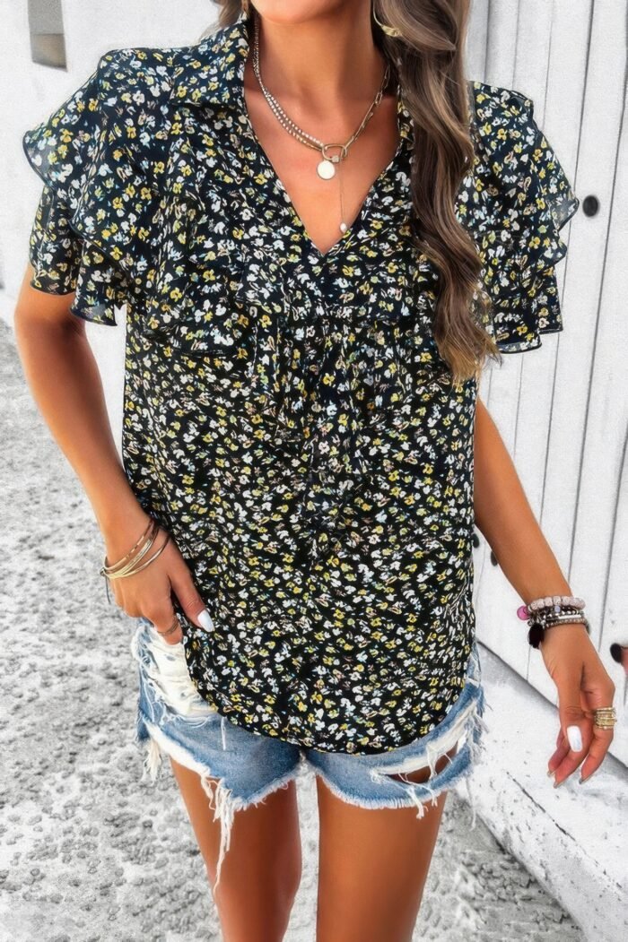 Floral printed ruffle sleeve v neck loose blouse