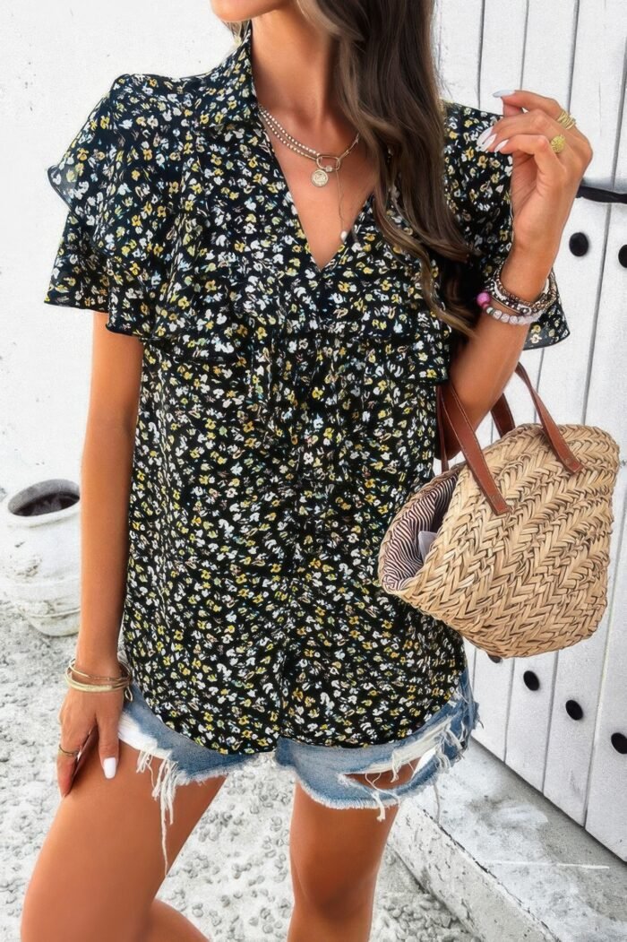 Floral printed ruffle sleeve v neck loose blouse