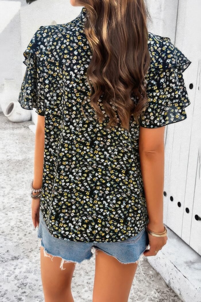 Floral printed ruffle sleeve v neck loose blouse
