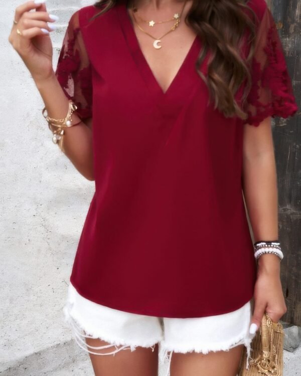 Solid Lace Floral V Neck Short Sleeve Shirt