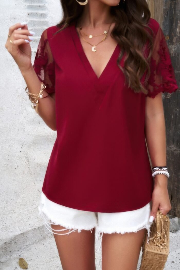 Solid lace floral v neck short sleeve shirt - image 1