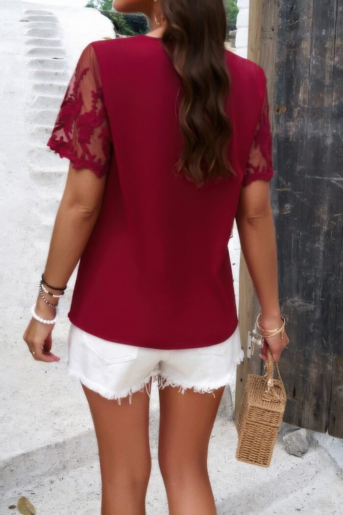 Solid lace floral v neck short sleeve shirt - image 3