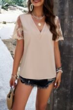 Solid Lace Floral V Neck Short Sleeve Shirt - Image 4