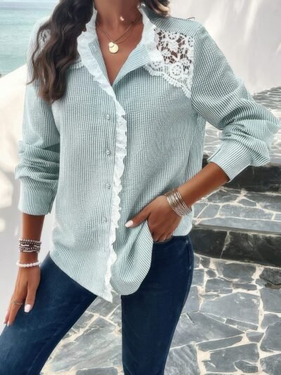Colorblock Guipure Lace Insert Button Front Shirt