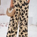 High waist wide leg pants UK – allover print folded frill viscose trousers for women, perfect summer holiday wear