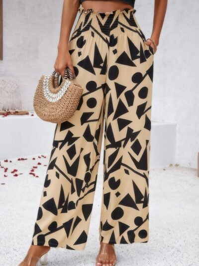 High waist wide leg pants UK – allover print folded frill viscose trousers for women, perfect summer holiday wear