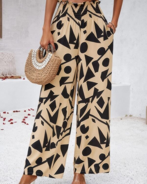 High waist wide leg pants UK – allover print folded frill viscose trousers for women, perfect summer holiday wear