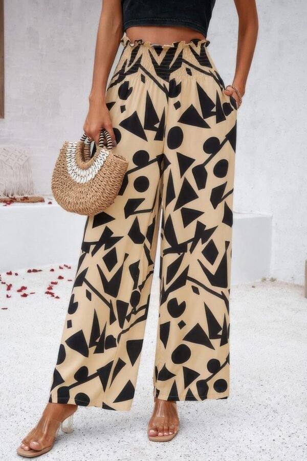 High waist wide leg pants UK – allover print folded frill viscose trousers for women, perfect summer holiday wear
