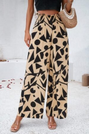 High waist wide leg pants UK – allover print folded frill viscose trousers for women, perfect summer holiday wear