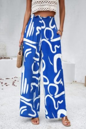 High waist wide leg pants UK – allover print folded frill viscose trousers for women, perfect summer holiday wear