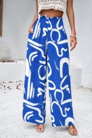 High waist wide leg pants UK – allover print folded frill viscose trousers for women, perfect summer holiday wear