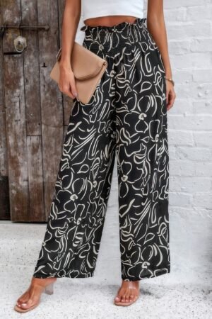 High waist wide leg pants UK – allover print folded frill viscose trousers for women, perfect summer holiday wear