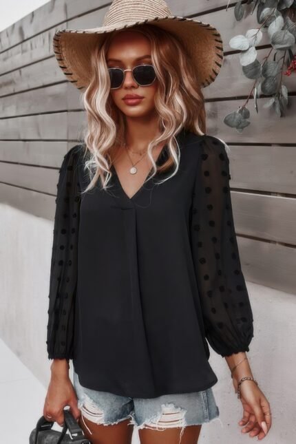 Solid V Neck Lantern Sleeve Swiss Dot Shirt