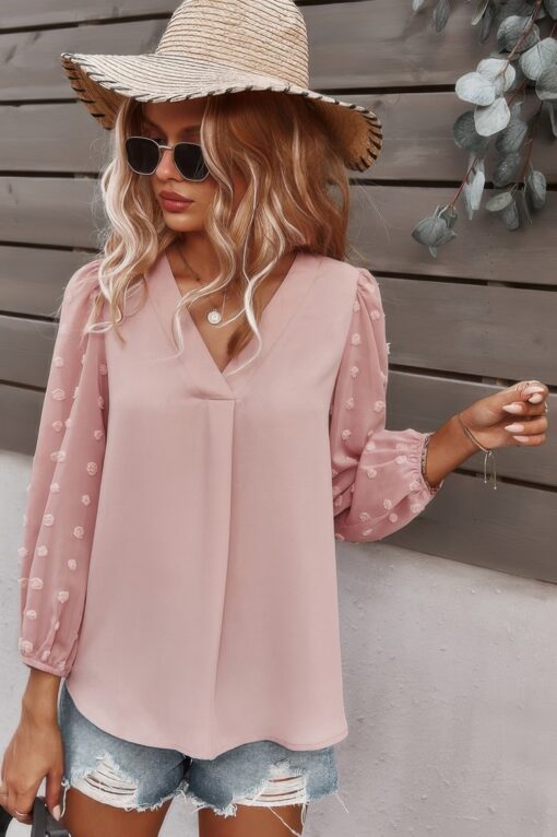 Solid V Neck Lantern Sleeve Swiss Dot Shirt - Image 5