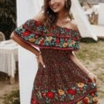 Boho Print Cut Ruffle Accented Pleated Short Dress