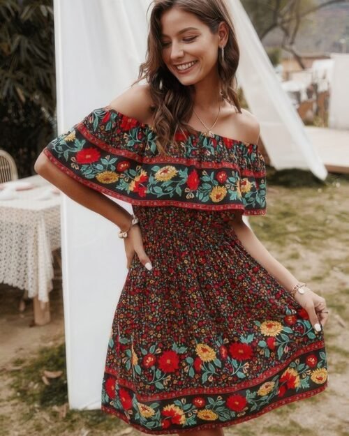 boho print cut ruffle accented pleated short dress