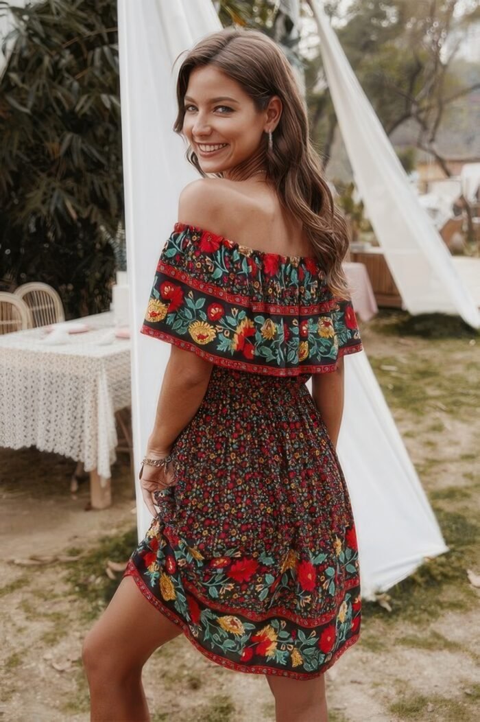Boho print cut ruffle accented pleated short dress