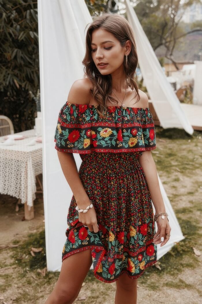 Boho print cut ruffle accented pleated short dress