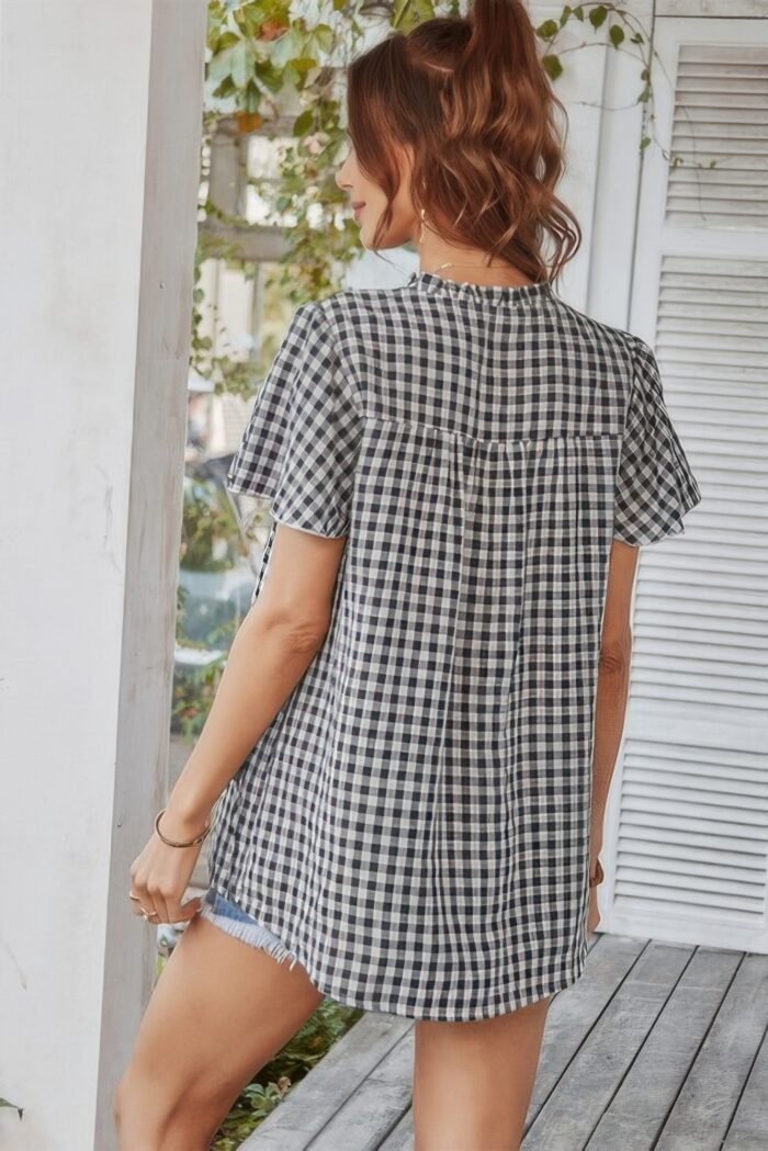 Gingham v neck plaid loose drawstring blouse