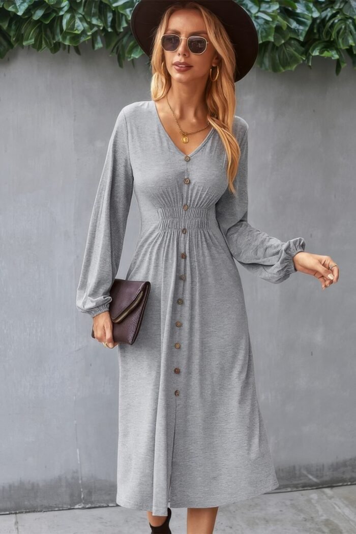 Solid v neck elastic waist button long sleeve dress