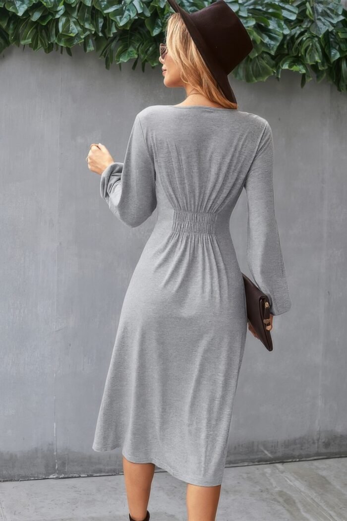 Solid v neck elastic waist button long sleeve dress