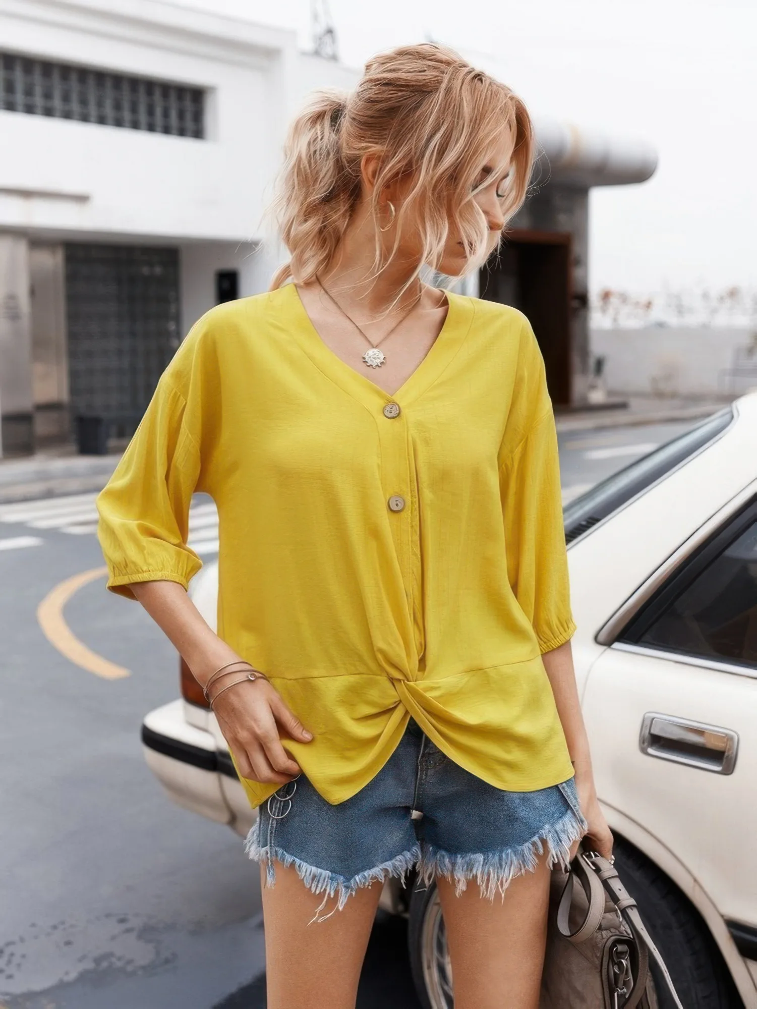 v neck drawstring solid button down blouse