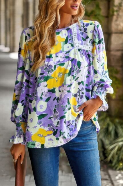 Floral Contrast Lace Trim Split Top