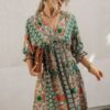 Boho Print Wrap Neck Tie Back Pleated Hem Dress